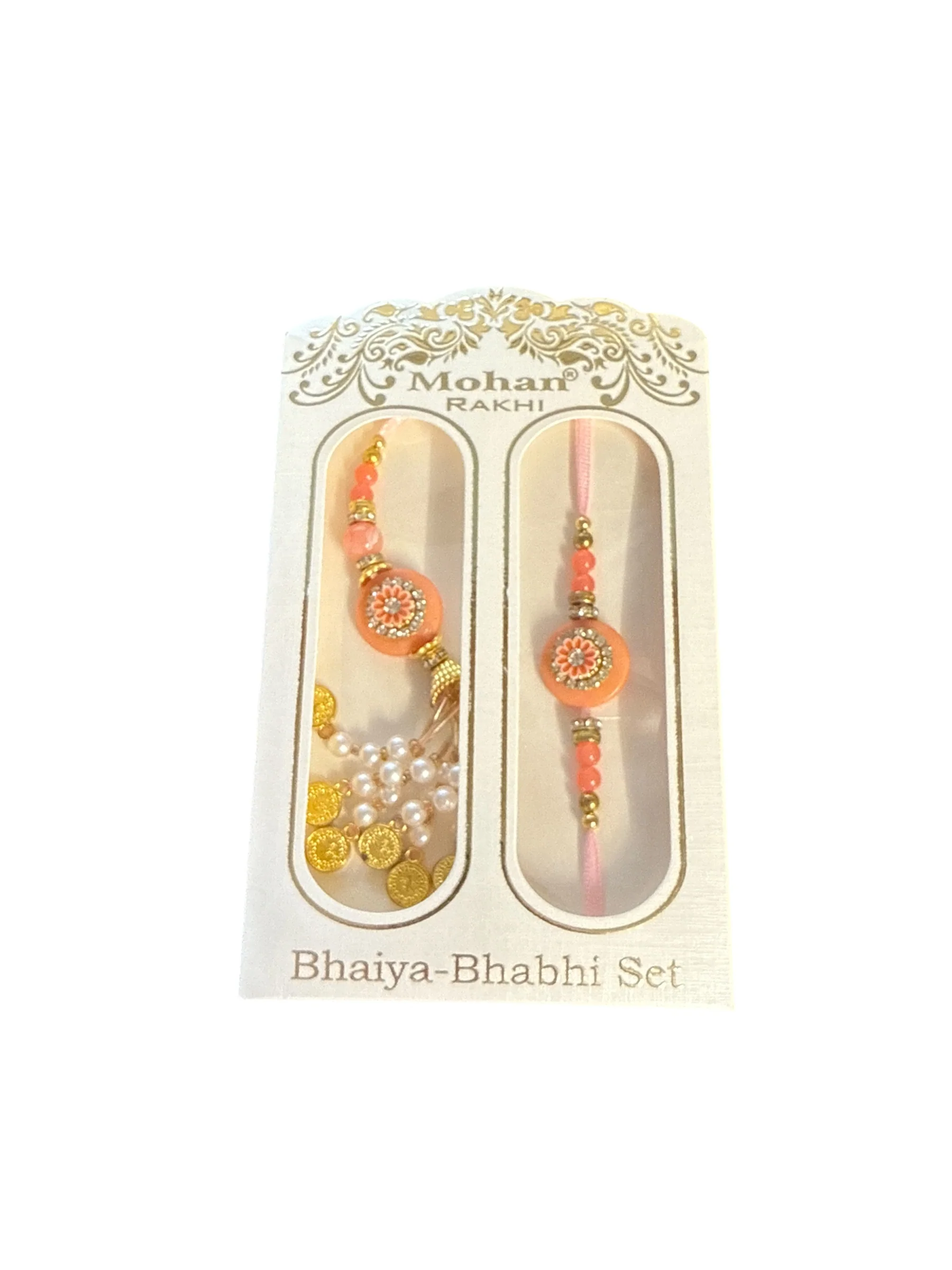 Bhaiya Bhabhi Rakhi Set – Floral Peach Design with Pearls & Coins by Mohan Rakhi
