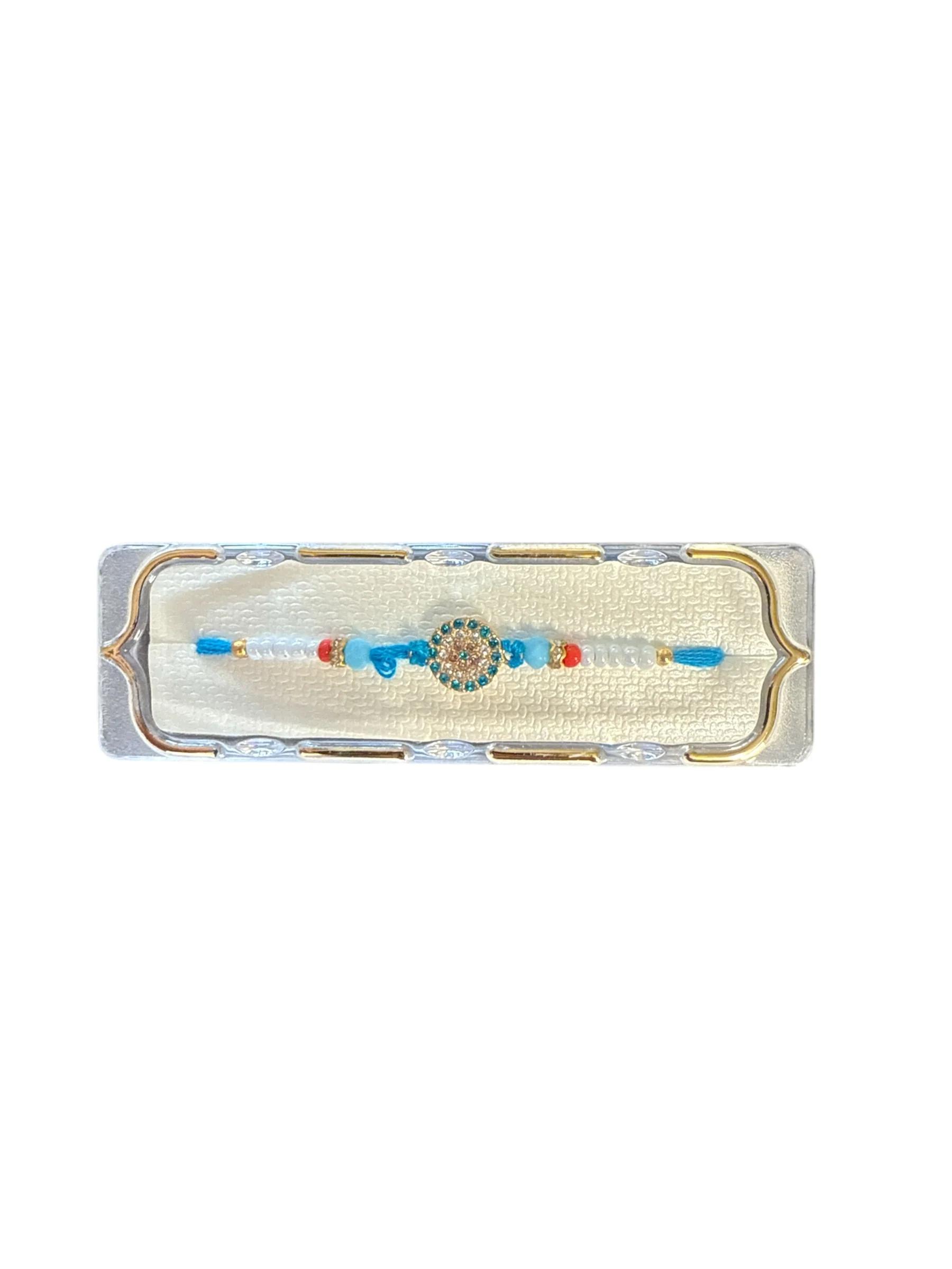 Blue Stone Rakhi with Pearl Thread – Elegant Raksha Bandhan Bracelet