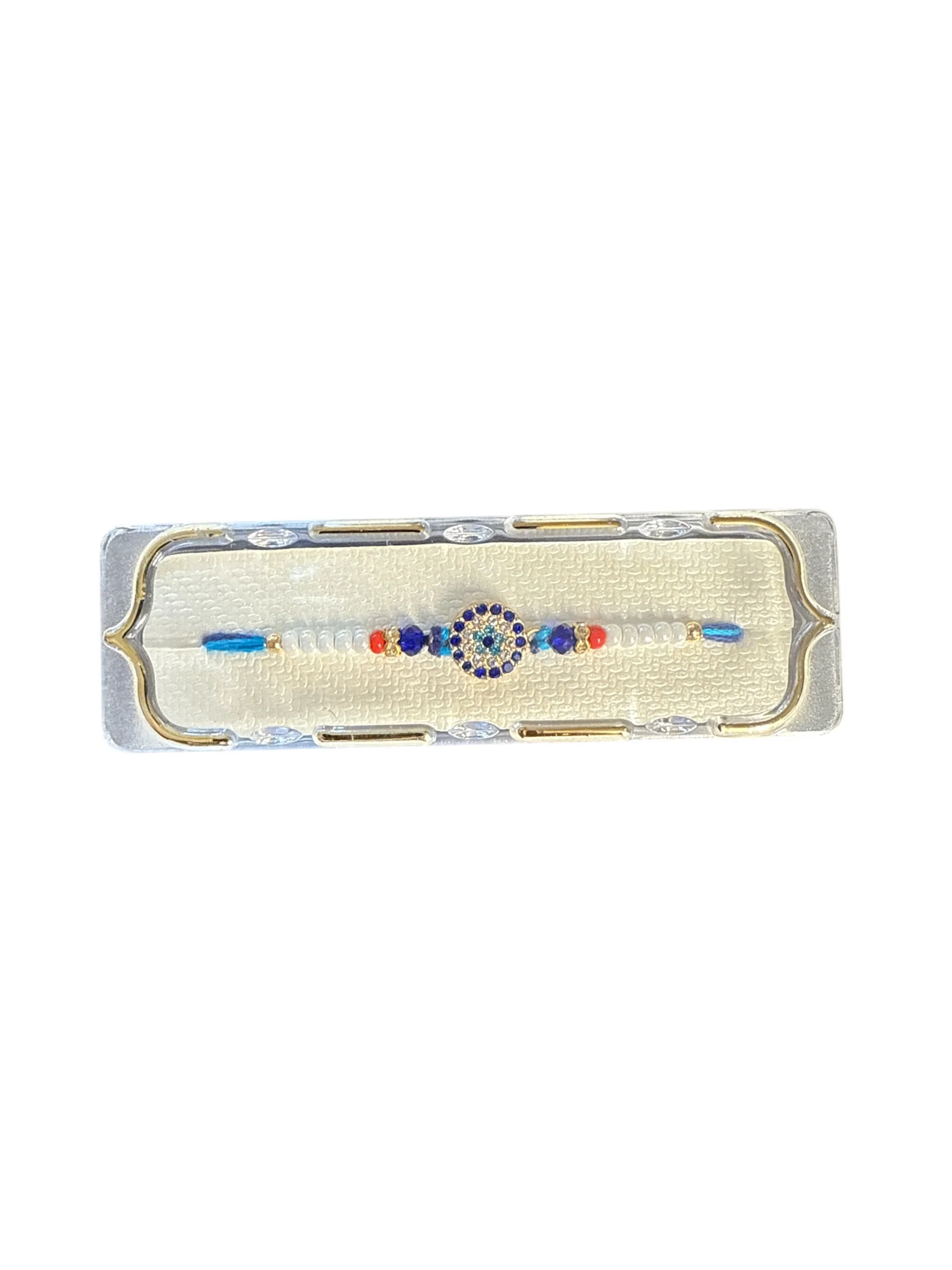 Elegant Blue Stone Rakhi – Colourful Beads & Designer Thread (Gift Box Included)