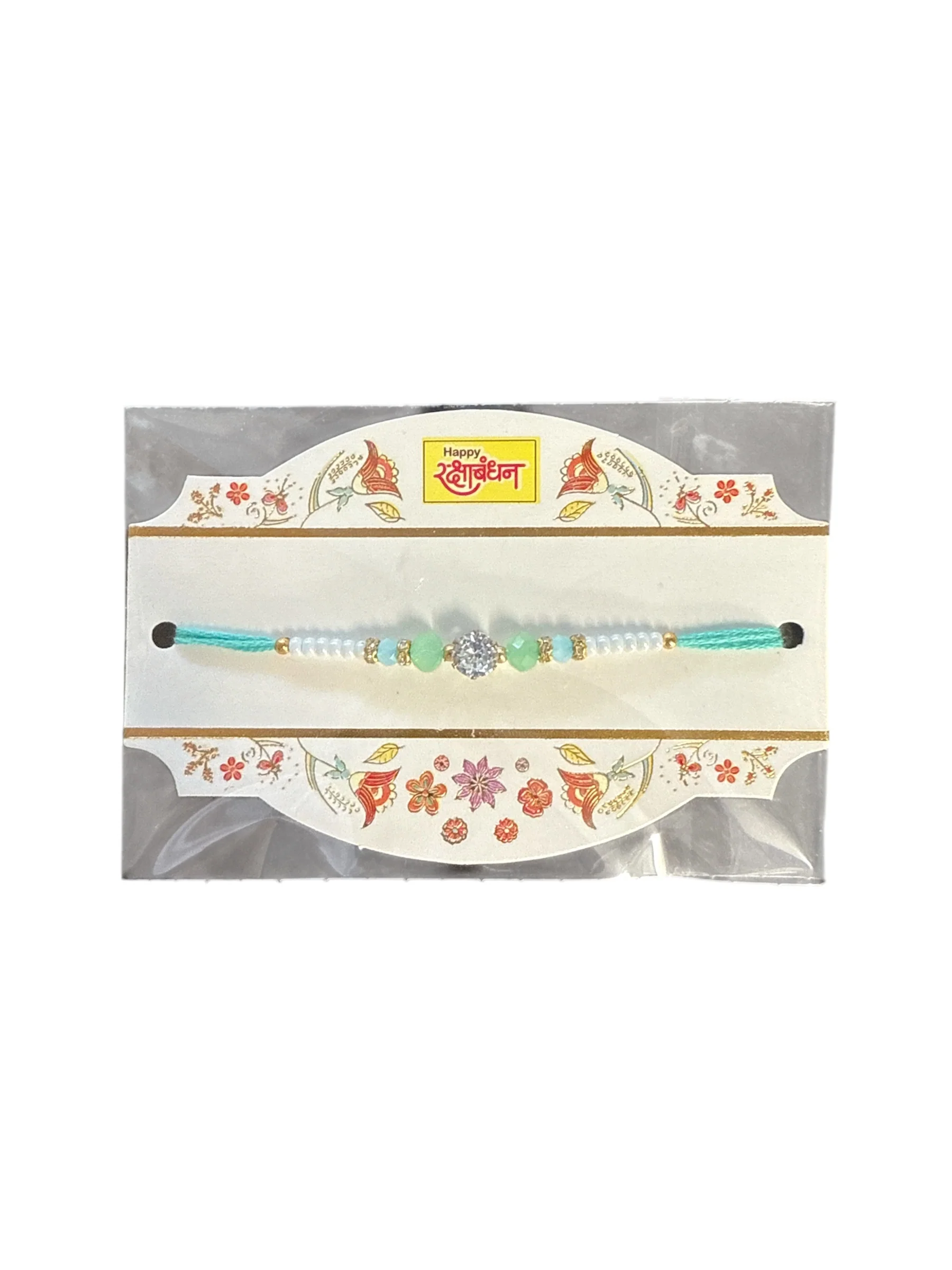 Elegant Crystal Rakhi – Mint Green & White Bead Design