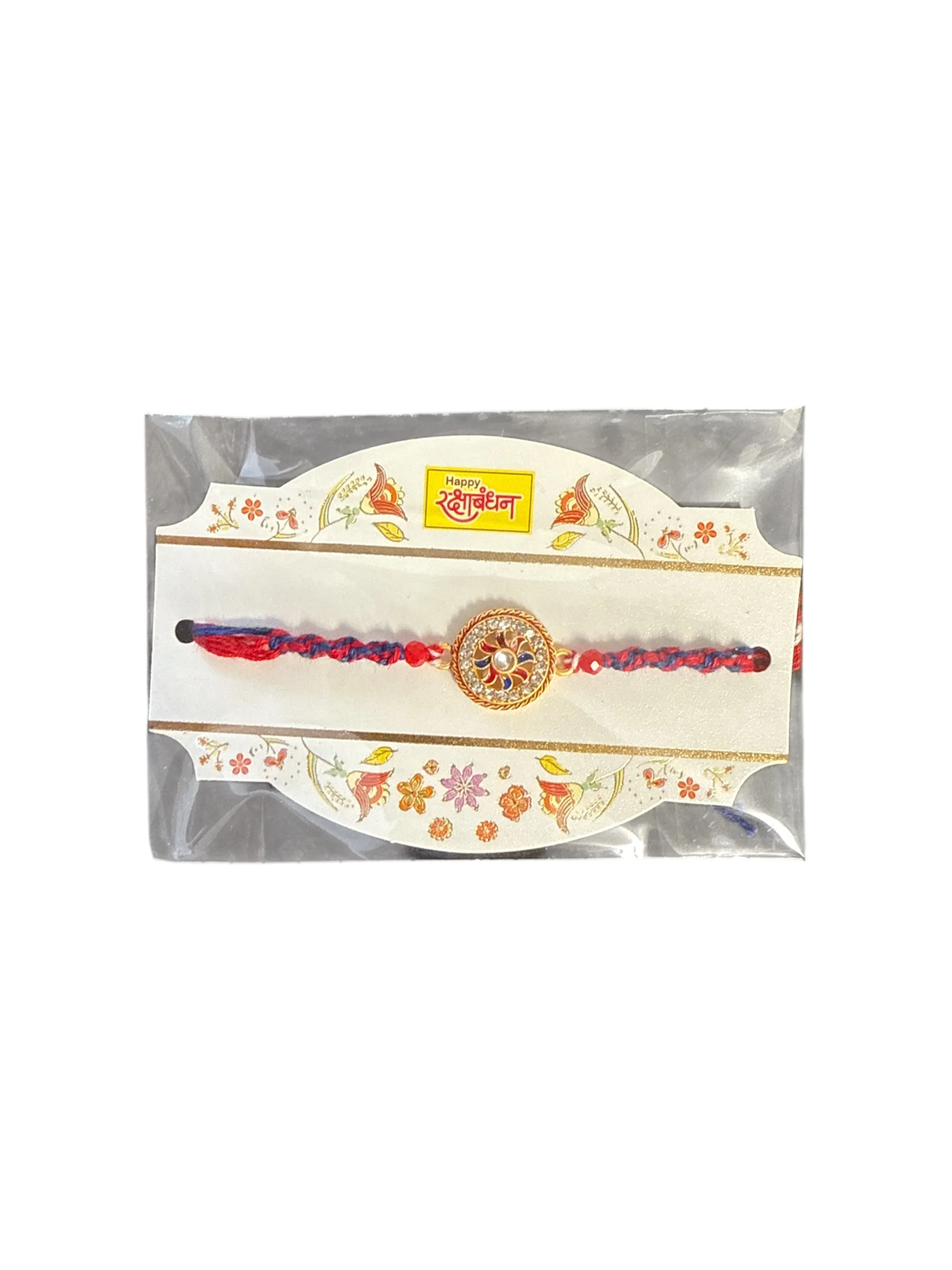 Elegant Kundan Rakhi with Red & Blue Thread – Raksha Bandhan Gift for Brother