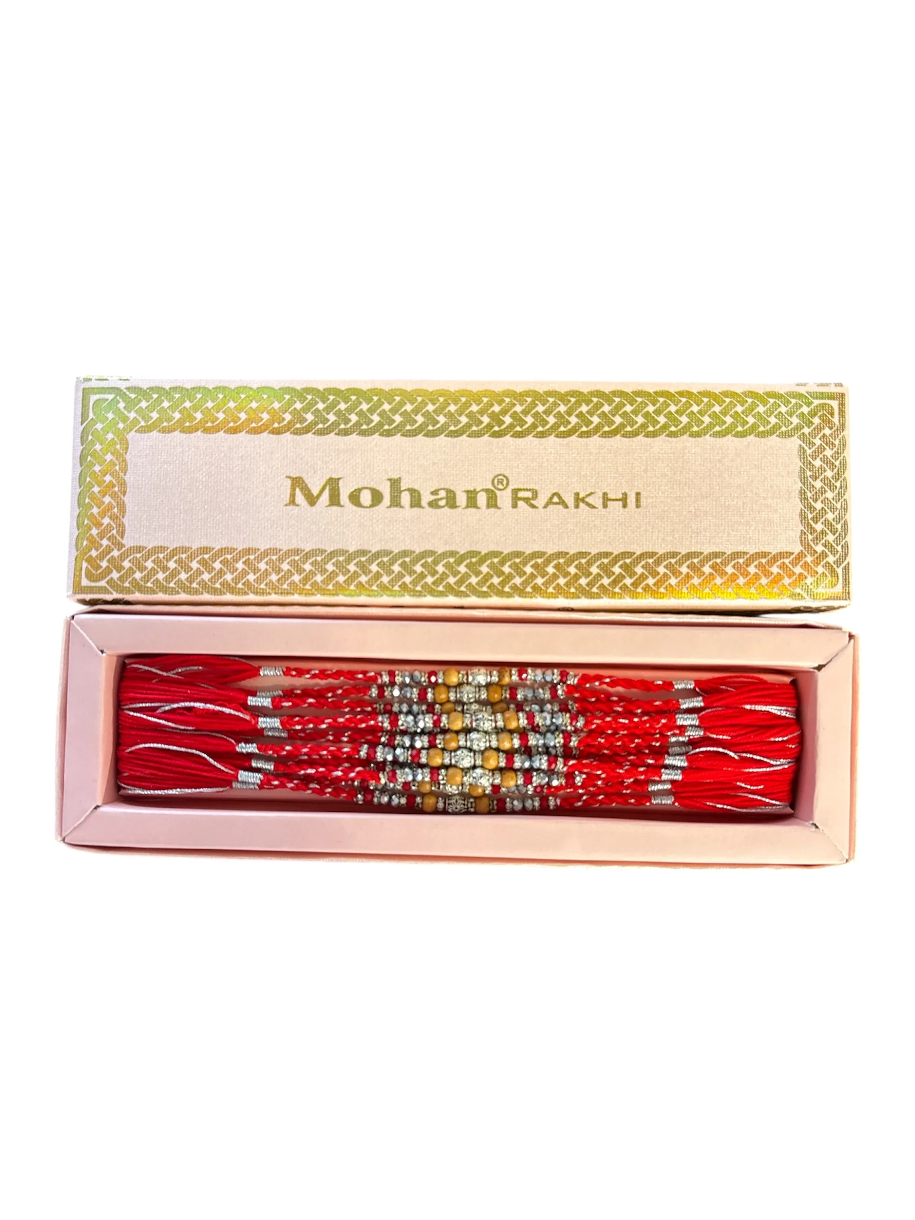 Elegant Rakhi Set – Pack of 12 Red Thread Rakhis with Golden & Silver Beads