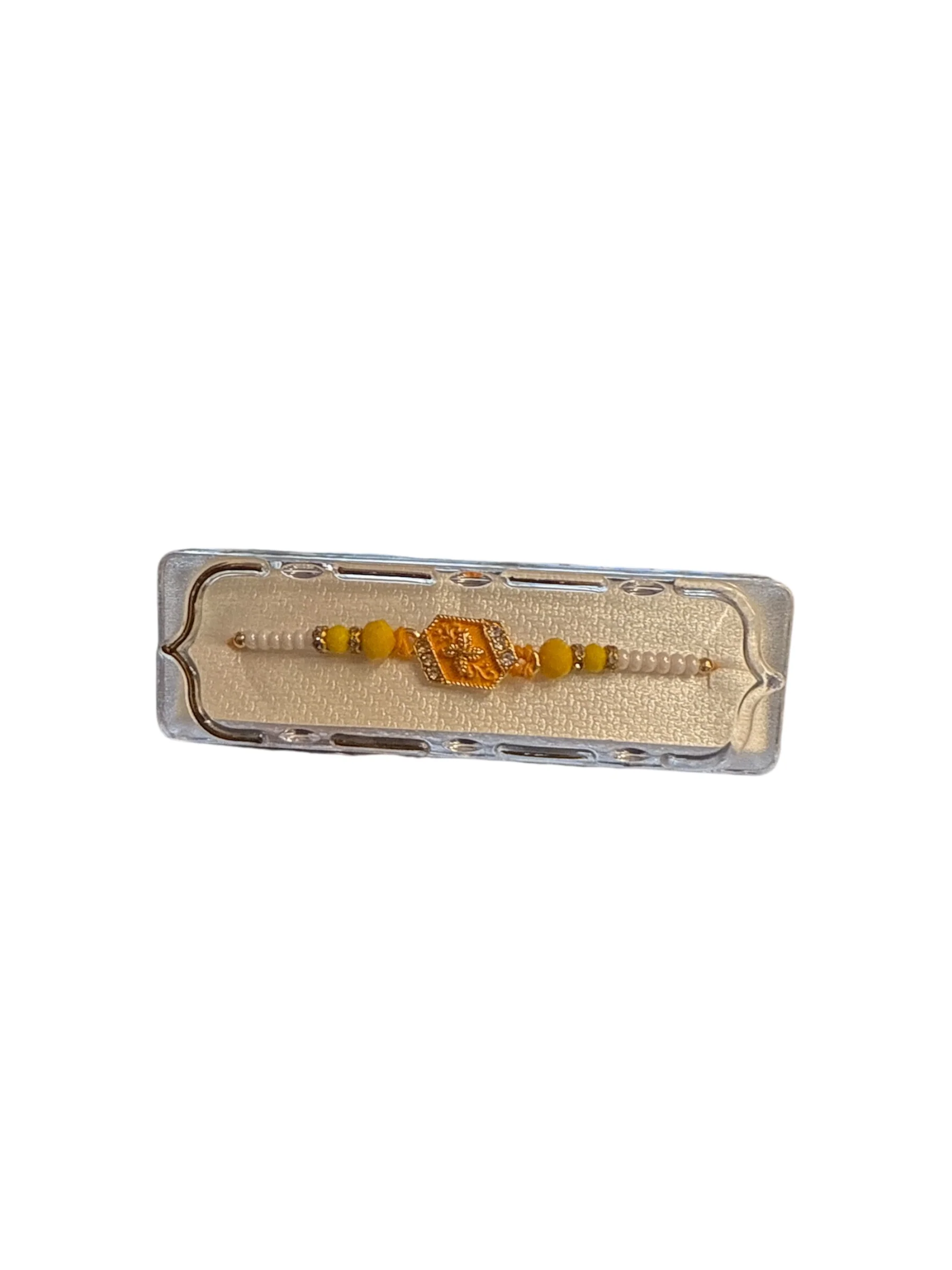 Shree Rakhi with Golden Beads & Pearl Thread – Designer Raksha Bandhan Bracelet