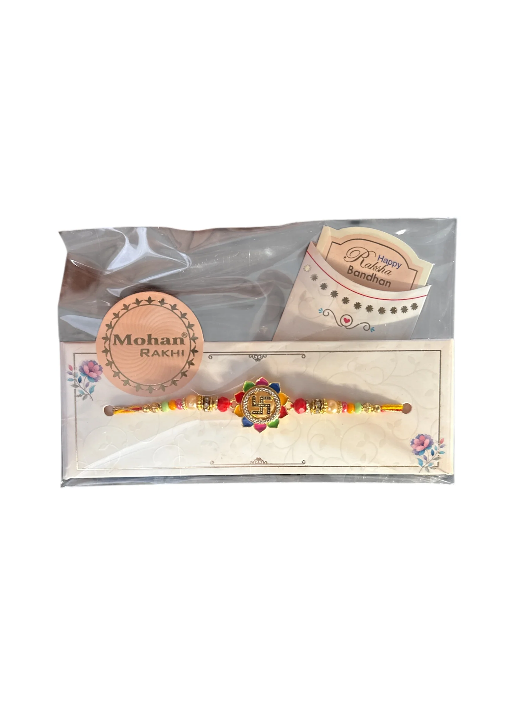 Swastik Rakhi with Multicolour Floral Design – Mohan Rakhi