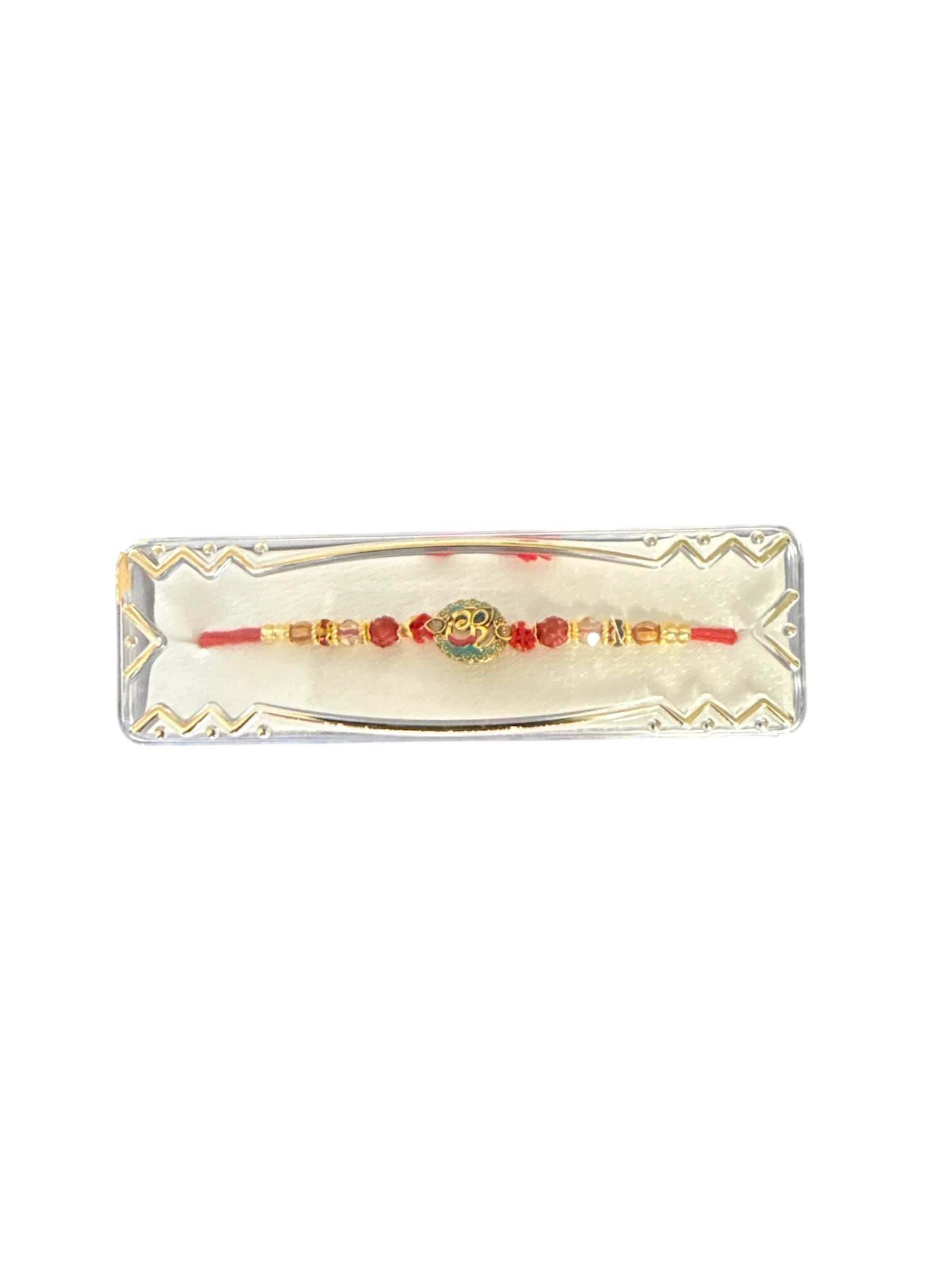 Traditional Om Rakhi with Golden Beads – Red Thread
