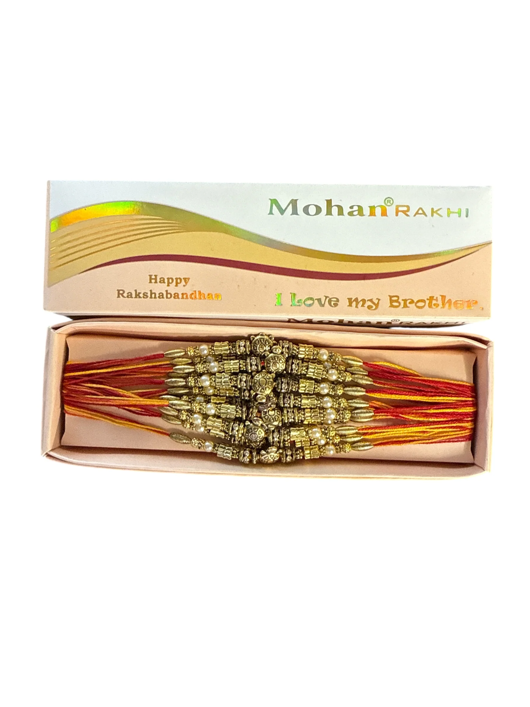 Traditional Rakhi Set of 12 – Golden Beads & Pearl Raksha Bandhan Threads
